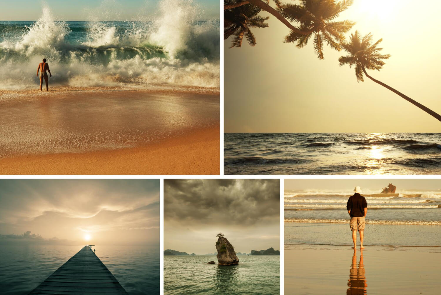 Collage inspirant de destinations de voyage variées - montagnes, plages, villes, nature - idées voyage budgets