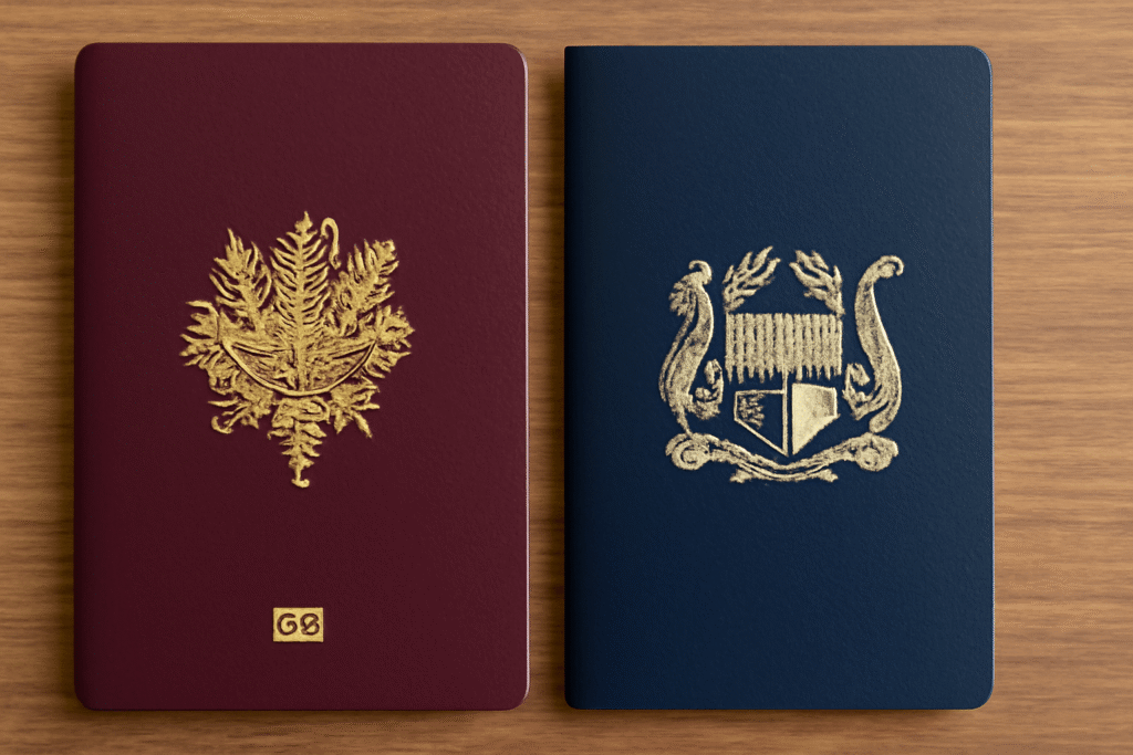 Avantages de la double nationalité franco-mauricienne 1 Passeports français et mauricien côte à côte, illustrant les avantages de la double nationalité franco-mauricienne.
