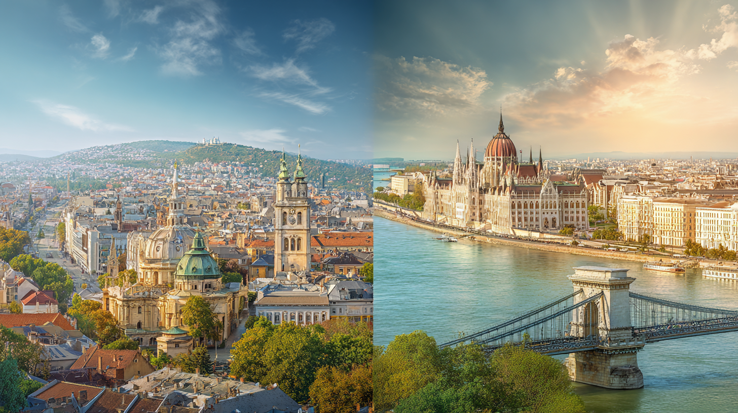 Montage photo comparant les monuments emblématiques de Vienne et Budapest pour aider au choix de destination
