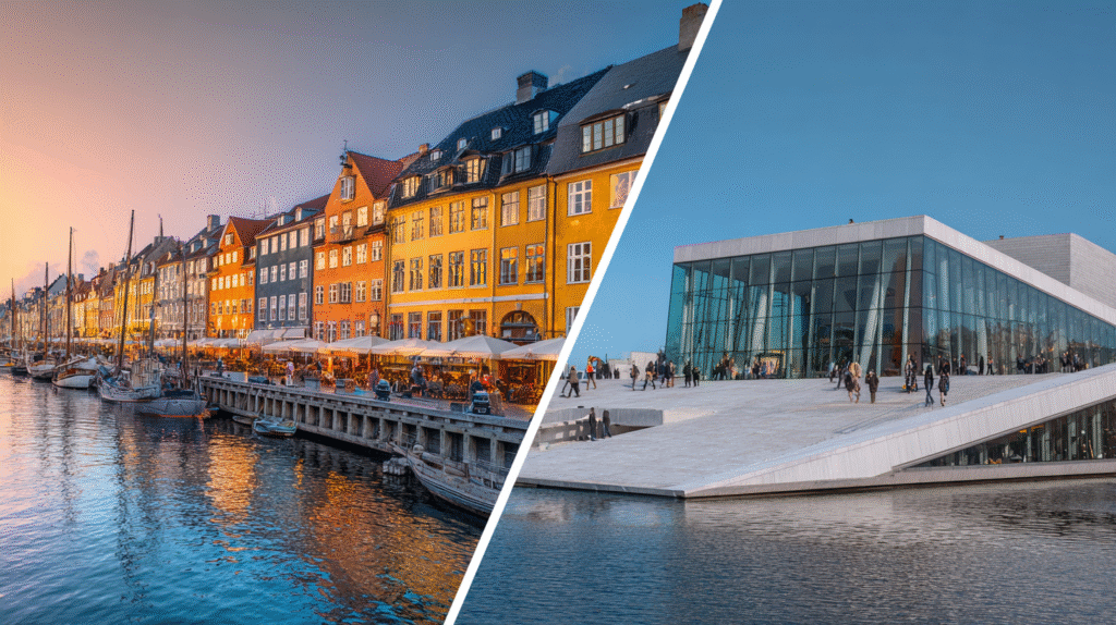 Vue comparative entre le port coloré de Nyhavn à Copenhague et l'Opéra moderne d'Oslo pour choisir sa destination scandinave