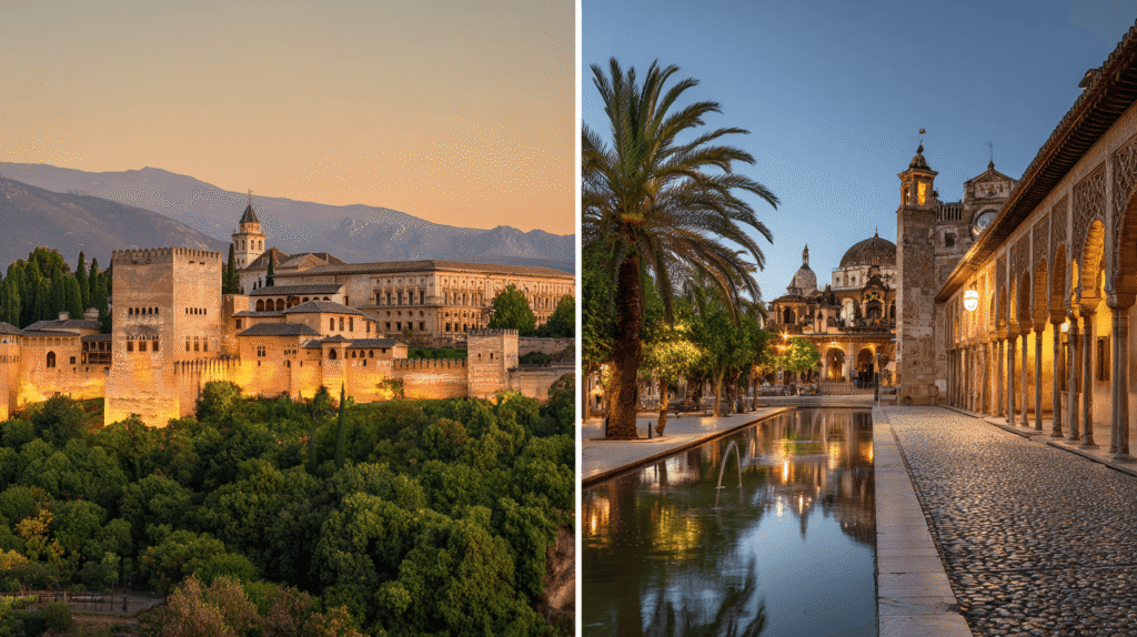 Montage photo comparant l'Alhambra de Grenade et la Mosquée-Cathédrale de Cordoue pour aider à choisir.