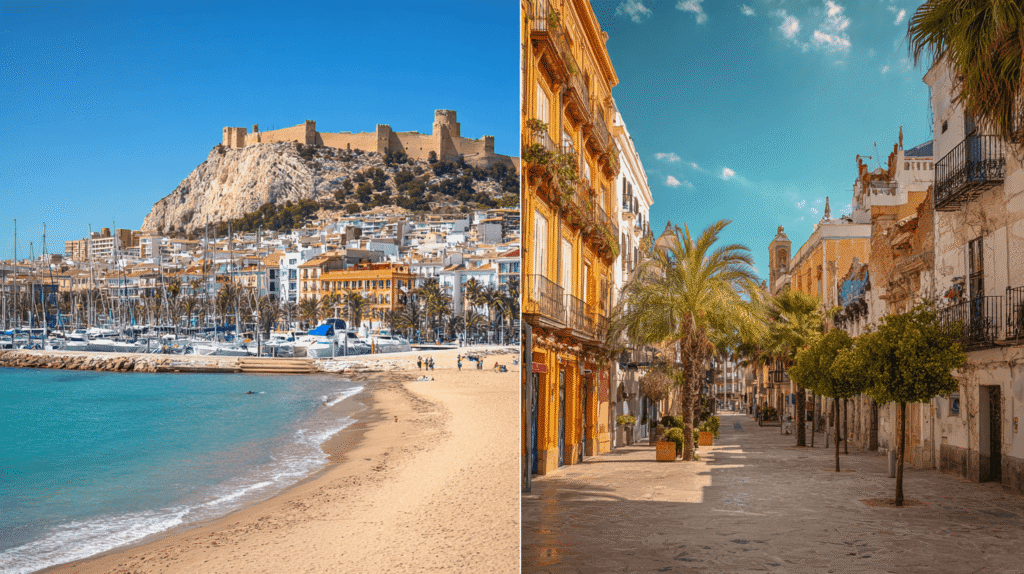 Montage photo comparant la Cité des Arts de Valence et le port d'Alicante pour aider à choisir sa destination.