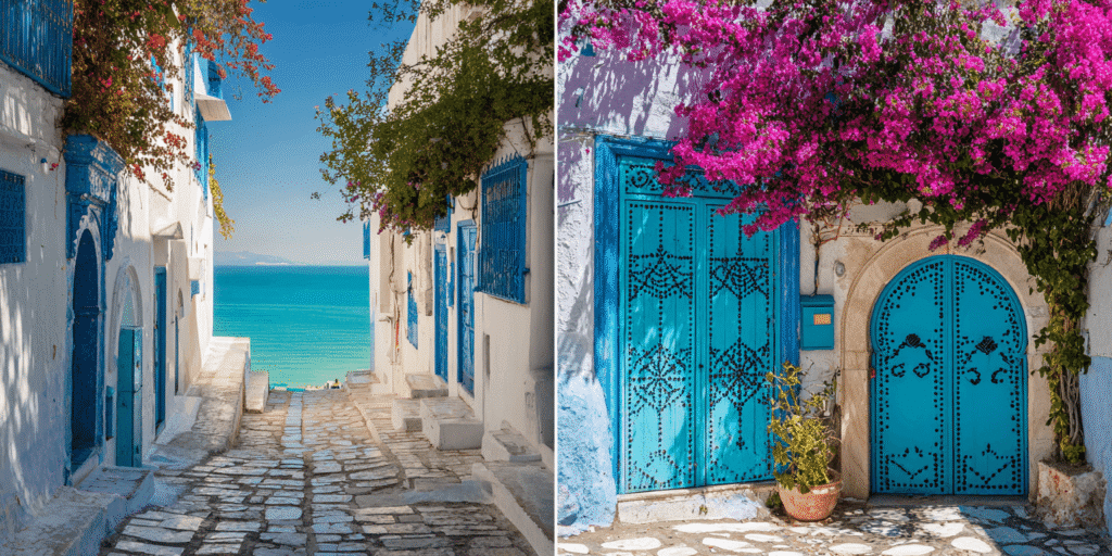 Montage photo comparant la Tunisie (Sidi Bou Saïd) et la Turquie (Cappadoce) pour aider à choisir sa destination de vacances