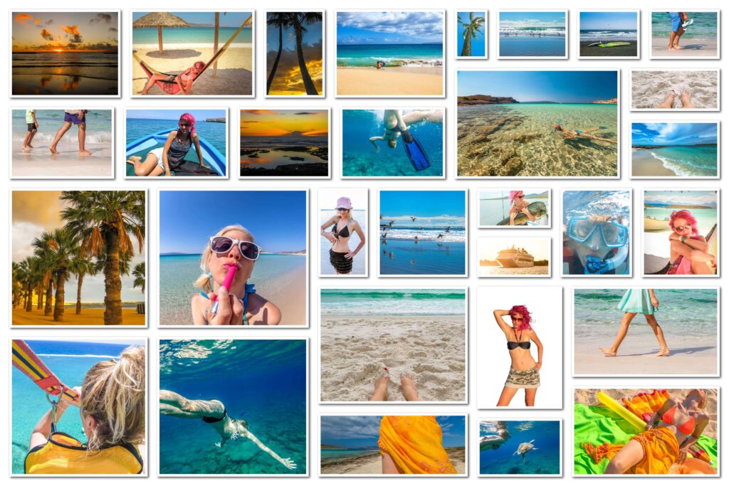 Collage de destinations de voyage du monde entier - montagnes, plages, villes - profils voyageurs