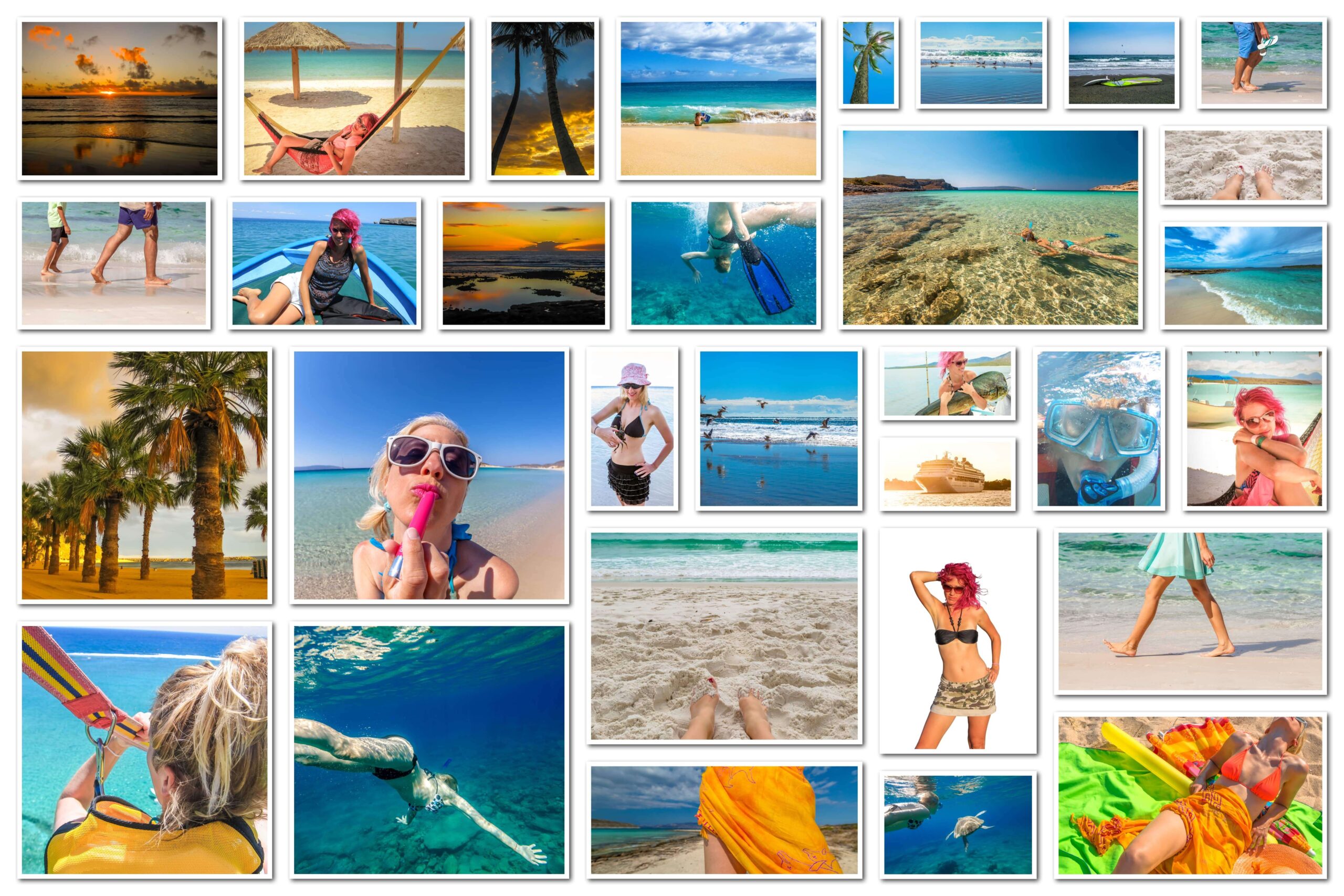 Collage de destinations de voyage du monde entier - montagnes, plages, villes - profils voyageurs