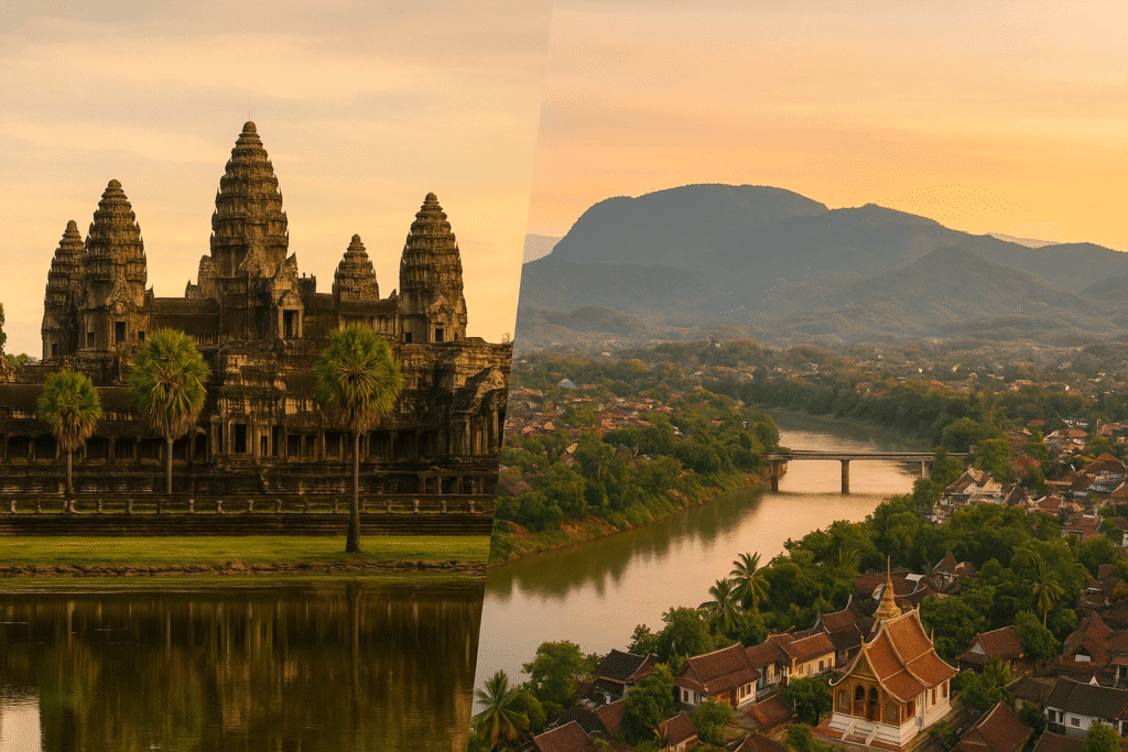 Laos ou Cambodge : lequel choisir pour votre voyage ? 2 Image composite montrant d'un côté Angkor Vat (Cambodge) et de l'autre une vue de Luang Prabang (Laos).