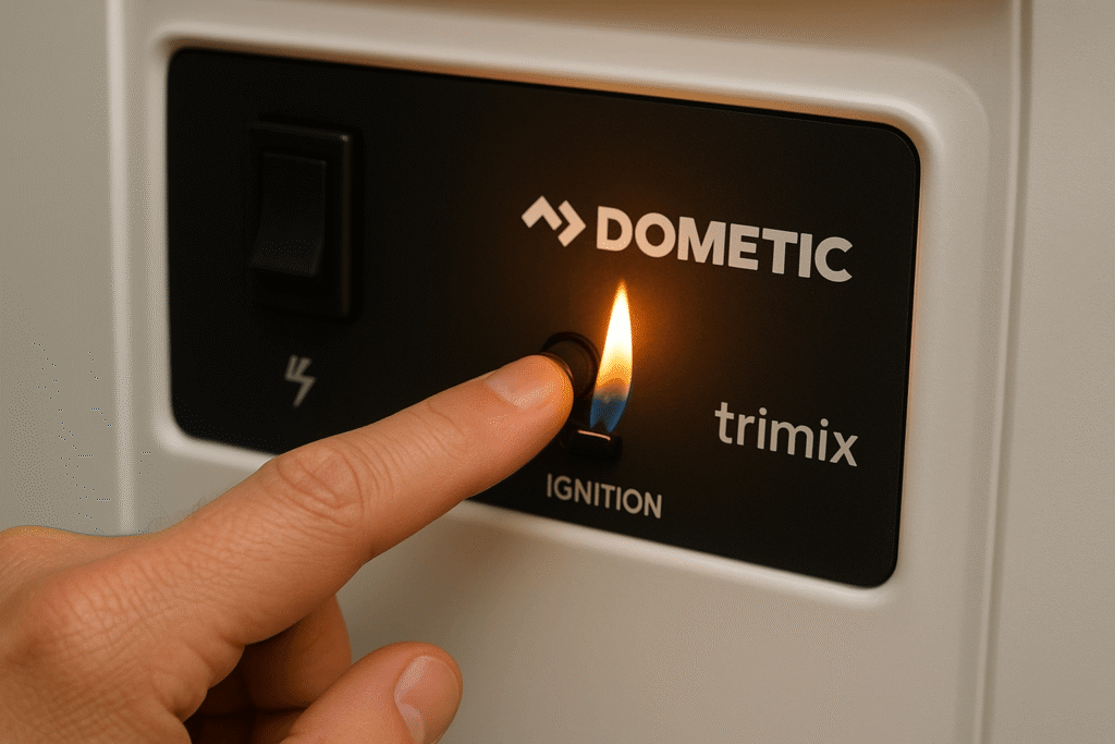 Main essayant d'allumer le piezzo d'un frigo trimix Dometic de camping-car.