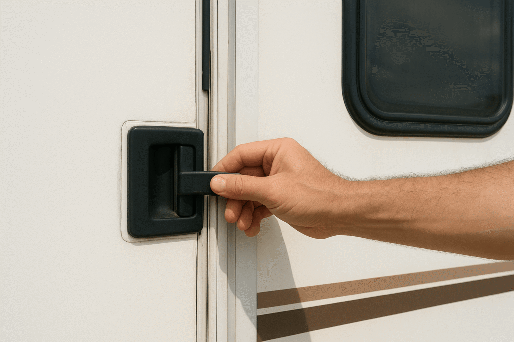 Main essayant de fermer la porte cellule d'un camping-car, qui ne s'aligne pas avec le cadre.