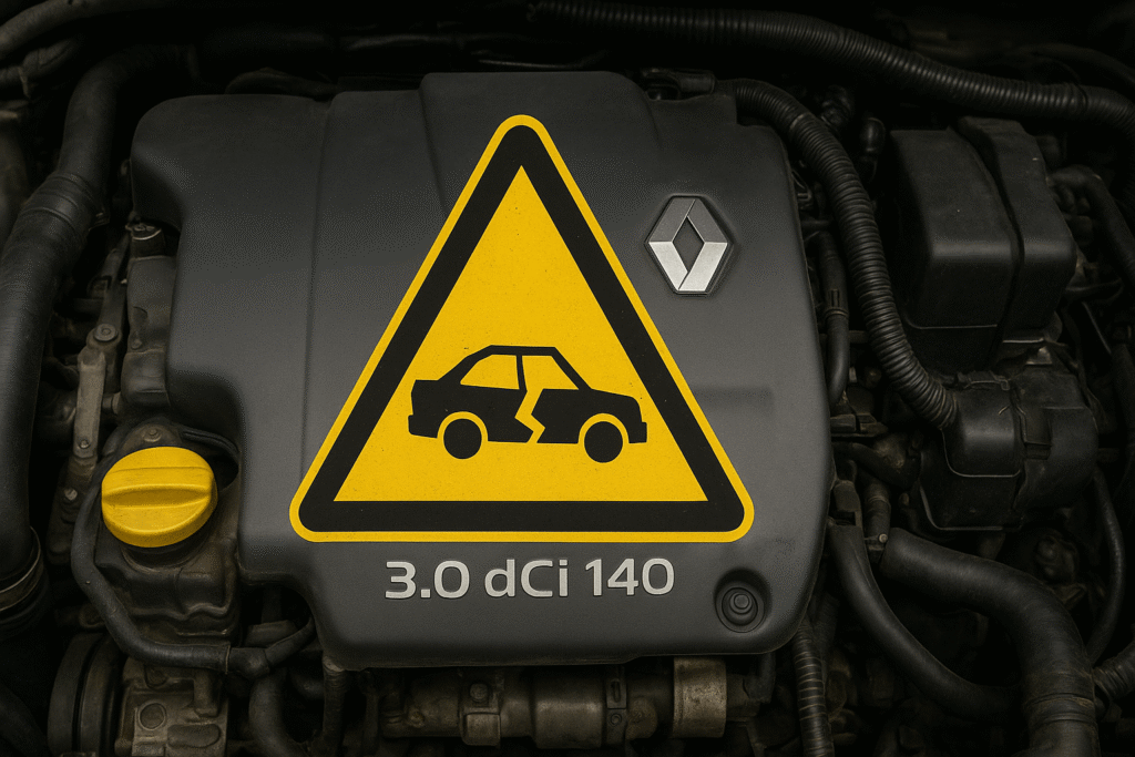 Moteur 3.0 dCi 140 d'un Renault Master, avec un symbole de danger "casse" superposé.