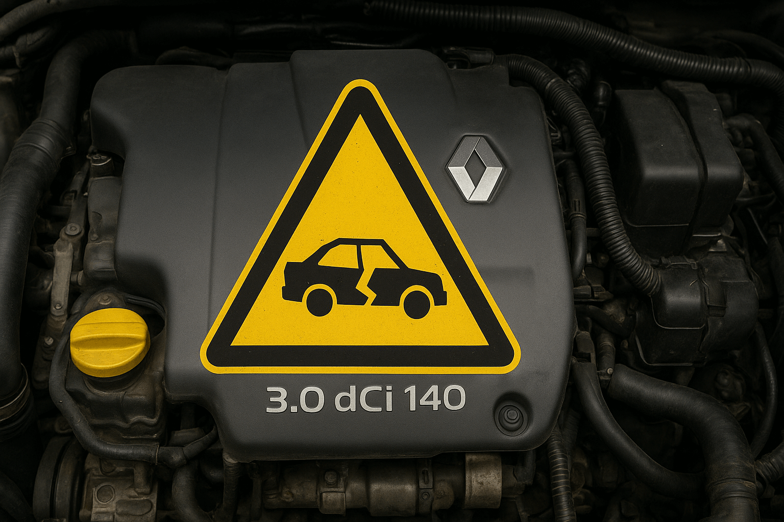 Moteur 3.0 dCi 140 d'un Renault Master, avec un symbole de danger "casse" superposé.