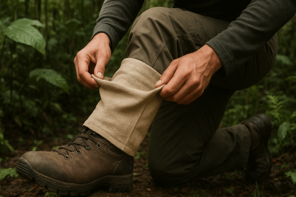 Chaussettes anti-sangsues : l'accessoire indispensable en trek ? 7 Personne en train d'enfiler une chaussette anti-sangsue en toile épaisse par-dessus son pantalon de randonnée avant un trek en jungle.