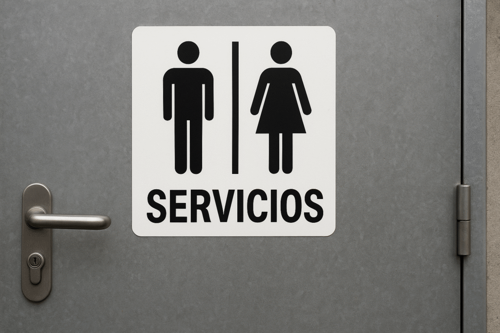 Toilettes en Espagne : le guide pratique du voyageur 6 Porte de toilettes publiques en Espagne avec les pictogrammes homme/femme et le mot "Servicios".