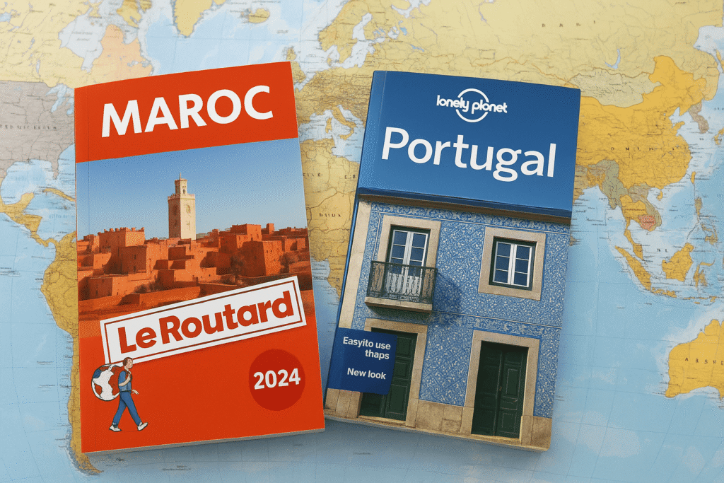 Lonely Planet ou Routard : quel guide de voyage choisir ? 1 Guides de voyage du Routard et de Lonely Planet posés côte à côte sur une carte du monde.