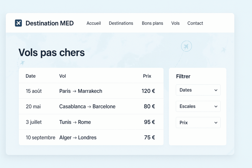 Destination MED : comment ça marche et est-ce que ça vaut le coup ? 2 Capture d'écran de l'interface du blog Destination MED, montrant des exemples d'offres de vols pas chers.