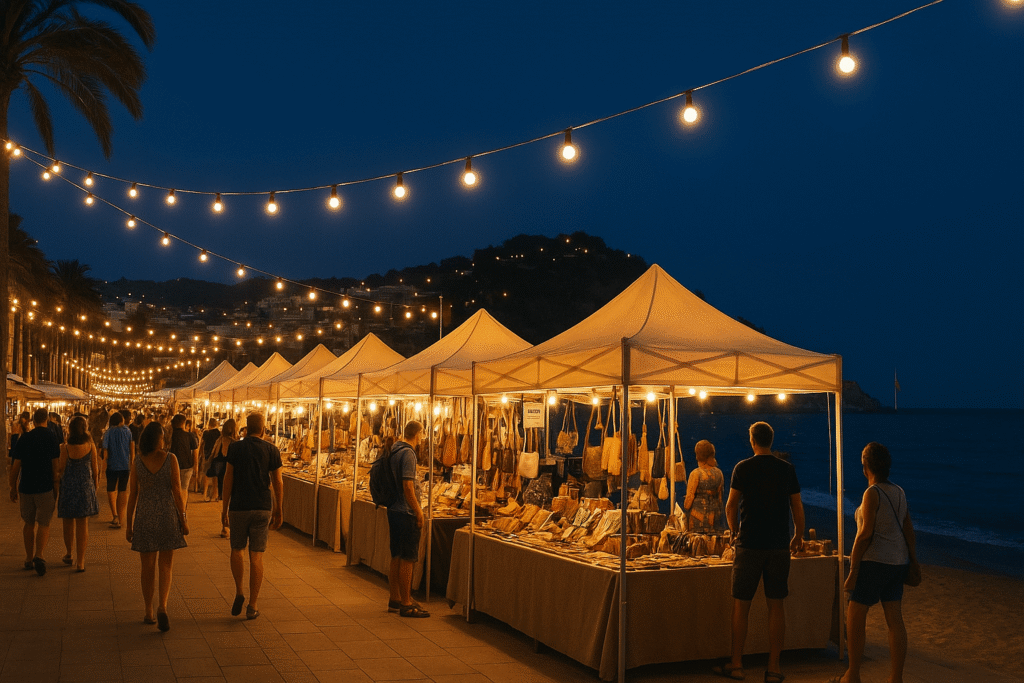 Ambiance d'un marché nocturne d'été sur le front de mer de Blanes, avec des stands artisanaux illuminés.