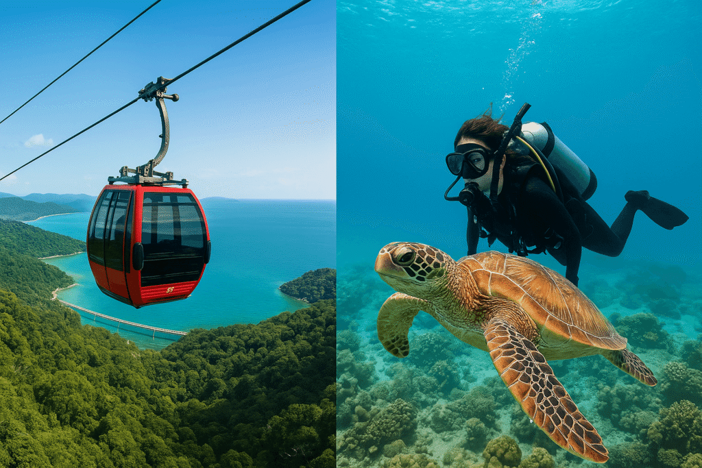 Langkawi ou les îles Perhentian : quelle destination choisir ? 2 Image composite montrant d'un côté un téléphérique à Langkawi et de l'autre un plongeur avec une tortue aux Perhentian.