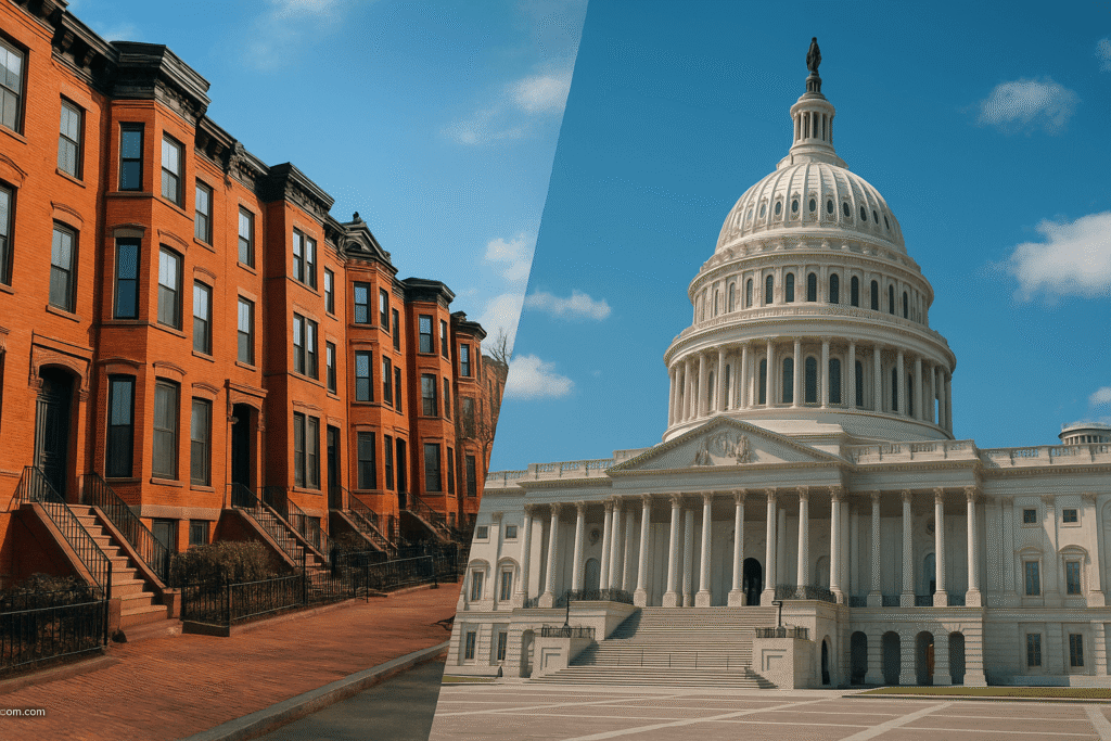 Boston ou Washington : quelle ville choisir ? 2 Montage photo montrant d'un côté les maisons en briques rouges de Boston et de l'autre le Capitole à Washington D.C.