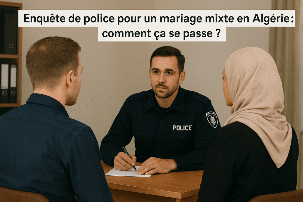Enquête de police pour un mariage mixte en Algérie : comment ça se passe ? 2 Couple mixte (un conjoint européen, un conjoint algérien) assis face à un bureau administratif, en entretien.