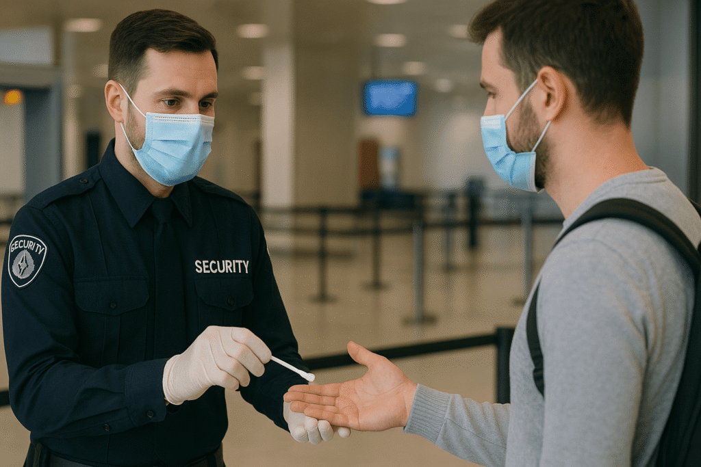Agent de sûreté aéroportuaire passant une petite languette de prélèvement sur la paume de la main d'un voyageur.