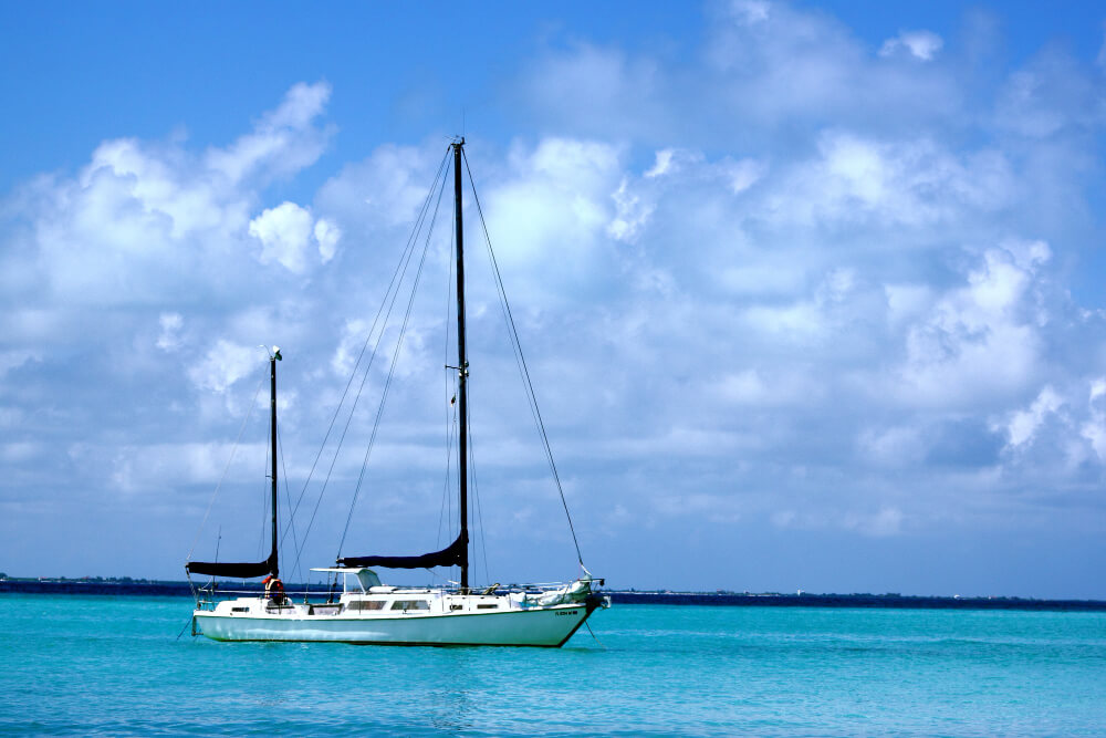 Voilier naviguant en haute mer dans l'Atlantique, cap vers les Caraïbes.