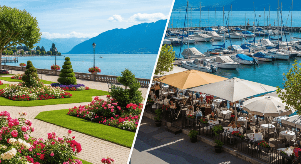 Vue comparant la promenade du lac d'Évian (fleurie et calme) et le port de Rives à Thonon (animé).