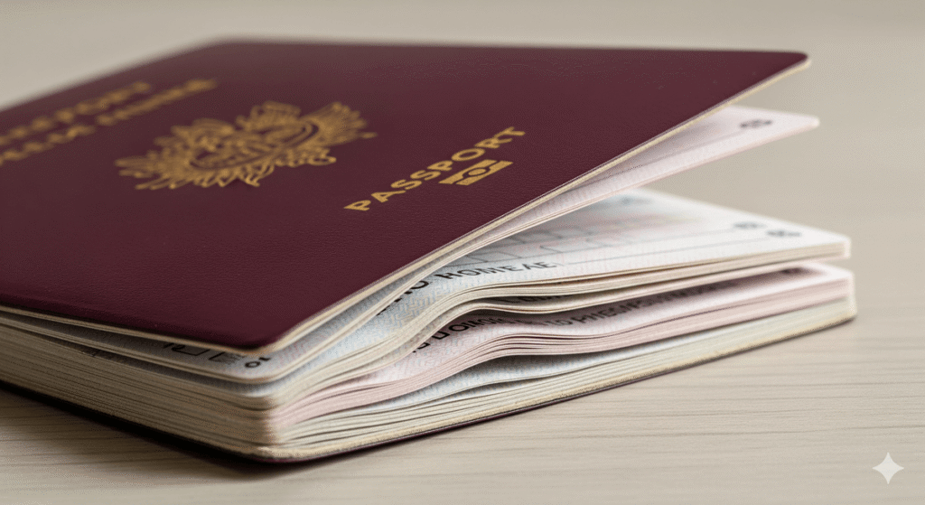 Passeport français dont les pages sont ondulées et gondolées après avoir pris l'eau.