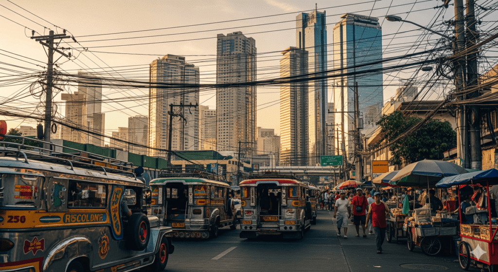 Skyline moderne de Makati (Manille) contrastant avec une rue animée et populaire.