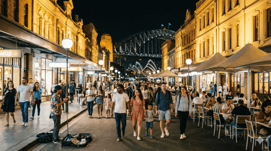 Quartiers dangereux en Australie : où faut-il être vigilant ? 2 Rue de Sydney la nuit, animée et sûre, contrastant avec l'idée d'insécurité.