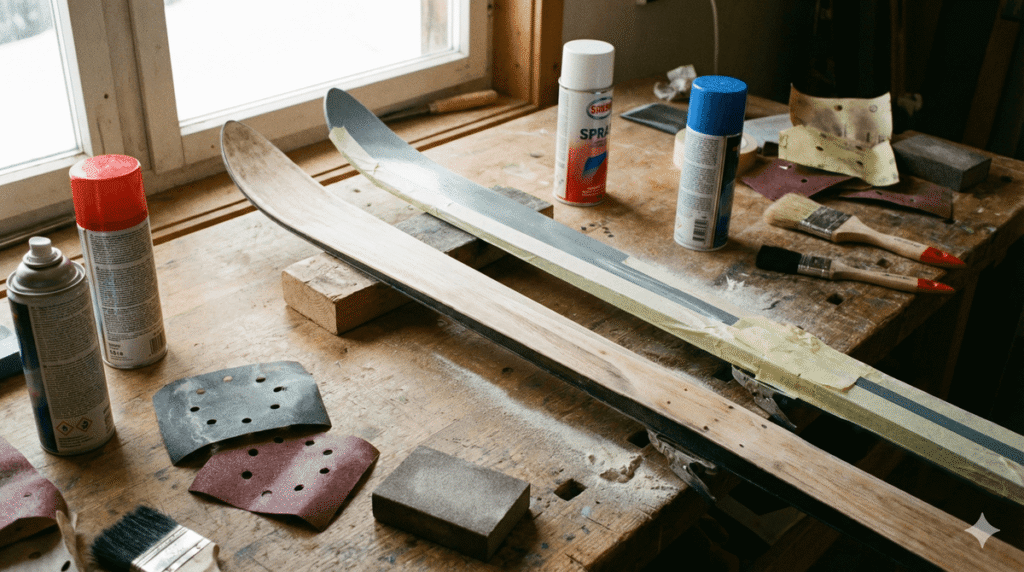 Paire de skis en cours de rénovation, avec des bombes de peinture et du papier de verre.