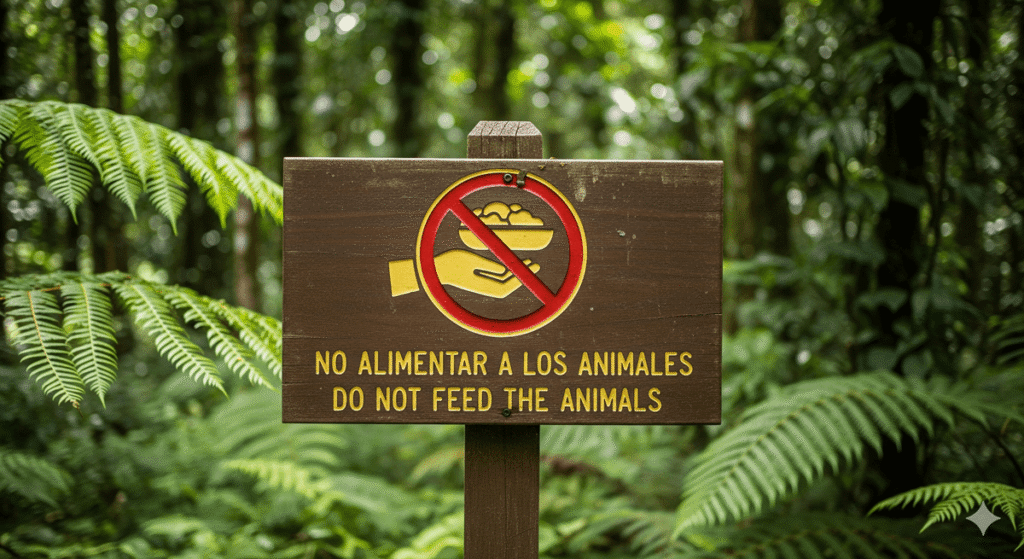 Panneau d'interdiction de nourrir les animaux dans un parc national du Costa Rica.