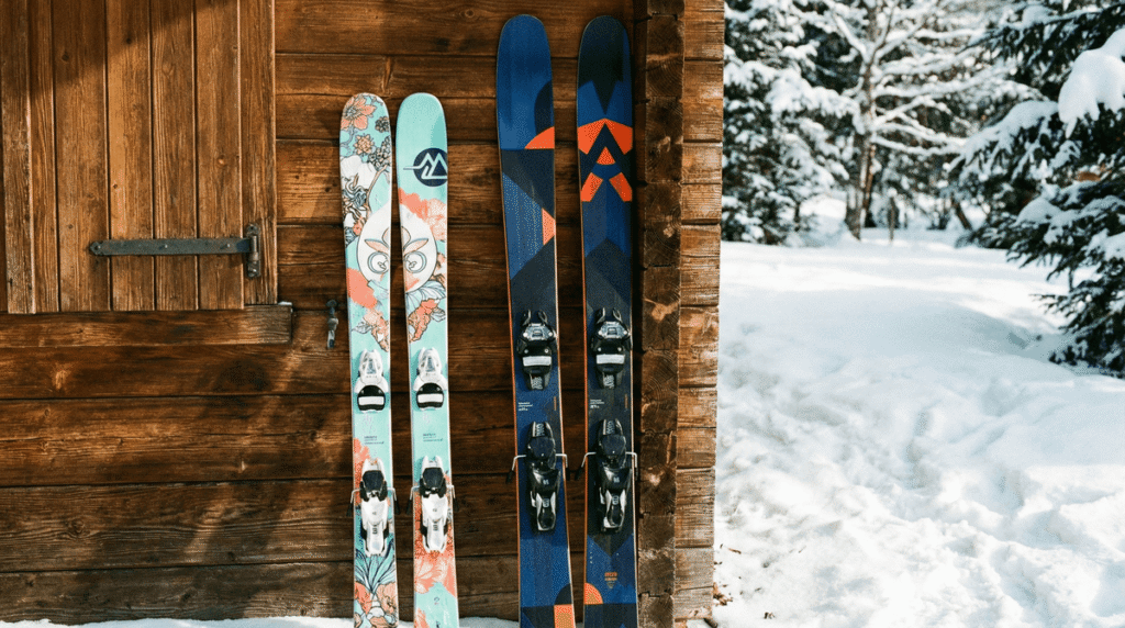 Paire de skis femme (graphisme spécifique) à côté d'une paire de skis homme.