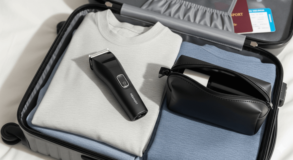 Tondeuse à barbe électrique posée dans une valise ouverte, prête pour l'avion.