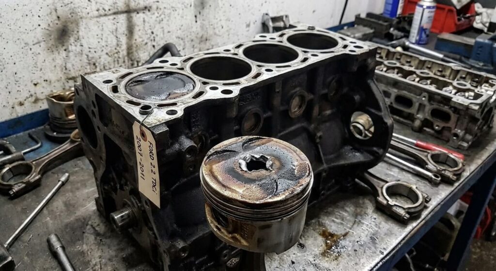 Moteur Ford Transit 2.2 TDCi démonté montrant un piston percé, panne typique des camping-cars produits entre 2007 et 2011.