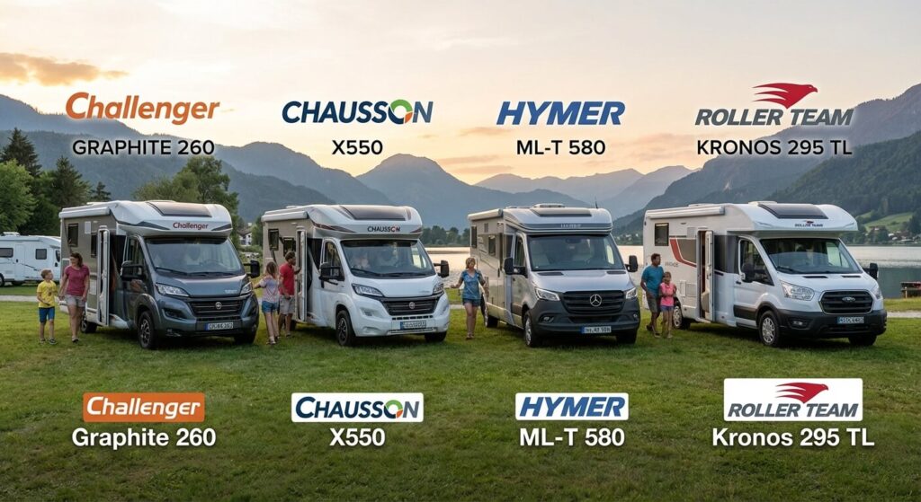 comparaison de plusieurs camping car: Challenger, Chausson, Hymer, Roller Team