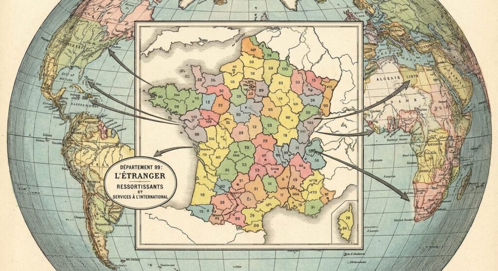 Carte administrative de la France entourée d'un globe terrestre, illustrant le concept du département 99 représentant l'étranger.