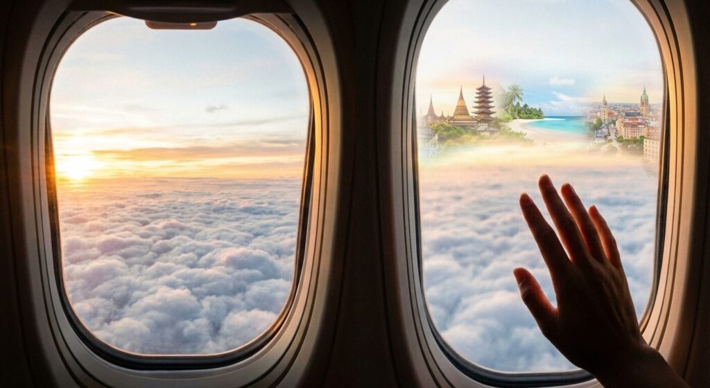 Vue depuis un hublot d'avion au-dessus des nuages, symbolisant le fait de rêver de voyager dans un autre pays.