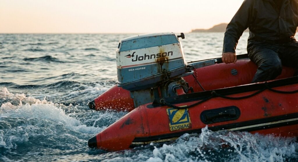 Moteur hors-bord 2 temps : est-il vraiment interdit de naviguer avec ? 2 Ancien moteur hors-bord 2 temps monté sur un bateau pneumatique, naviguant en mer.