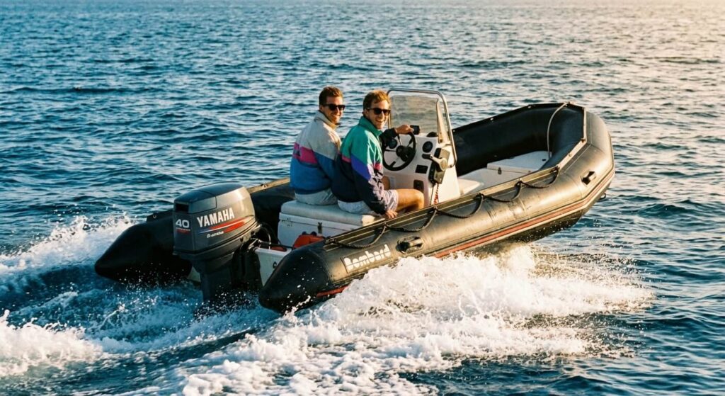 Bateau pneumatique Bombard B2 noir naviguant à vive allure, modèle iconique des années 80/90.