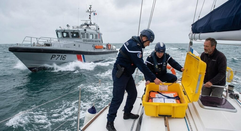 Contrôle en mer par la gendarmerie maritime vérifiant la validité d'un radeau de survie côtier.