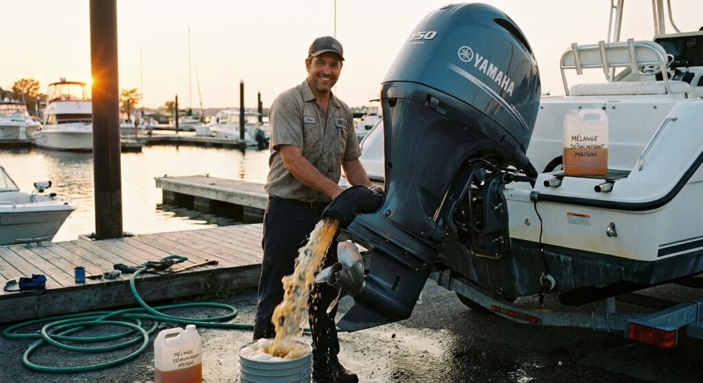 Rinçage d'un moteur hors-bord avec des oreilles de rinçage et un mélange désalinisant fait maison.