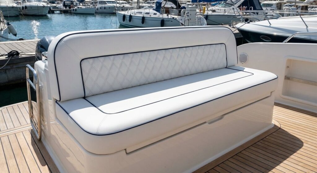 Banquette arrière de bateau à moteur avec une sellerie neuve en skaï blanc et liseré bleu, travail de sellier professionnel.