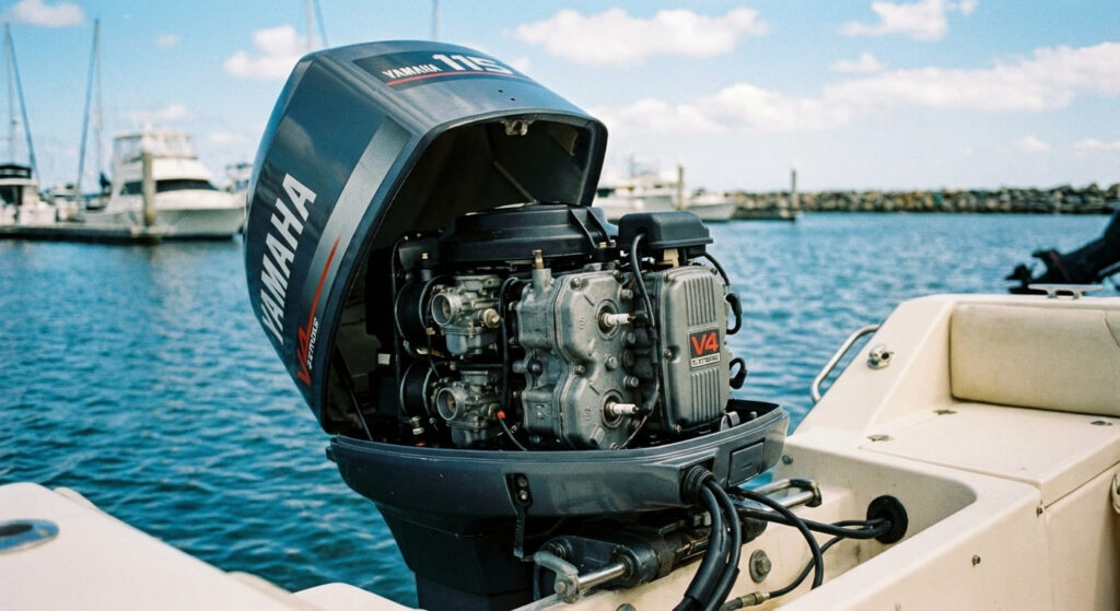 Moteur hors-bord Yamaha 115cv V4 2 temps monté sur un bateau, capot ouvert montrant les 4 cylindres en V.