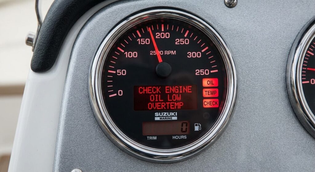 Cadran tachymètre multifonction Suzuki Marine avec les voyants d'alarme (huile, température, check engine) allumés.