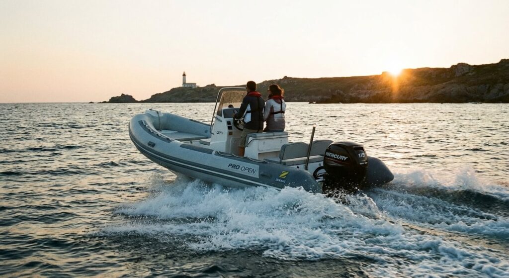 Semi-rigide Zodiac Pro Open 550 en navigation rapide, modèle emblématique des années 2000 à 2015.