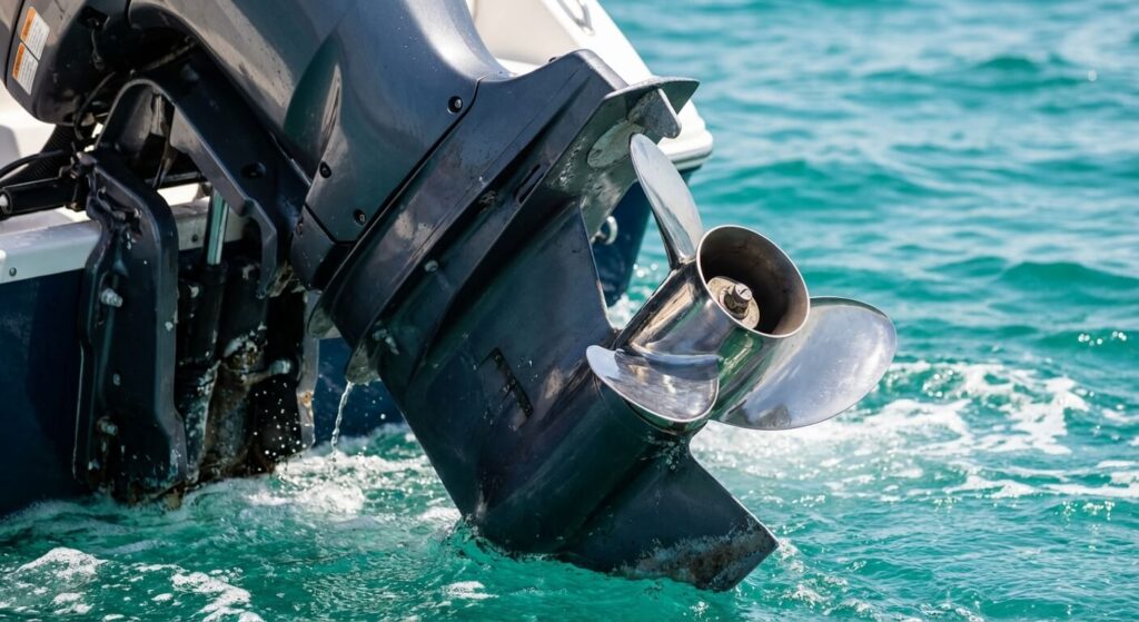 Hélice de bateau en inox 3 pales conçue pour la vitesse, montée sur une embase de moteur hors-bord.