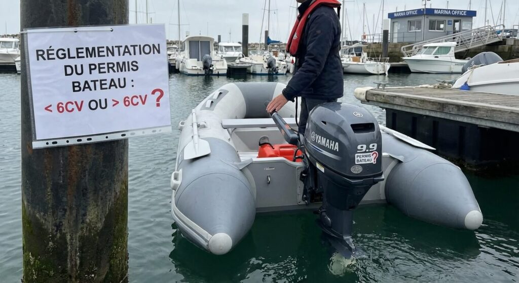 Moteur 9.9 cv et permis bateau : peut-on naviguer sans le précieux sésame ? 2 Moteur hors-bord 9.9 cv monté sur une annexe, souvent source de confusion sur la réglementation du permis bateau.