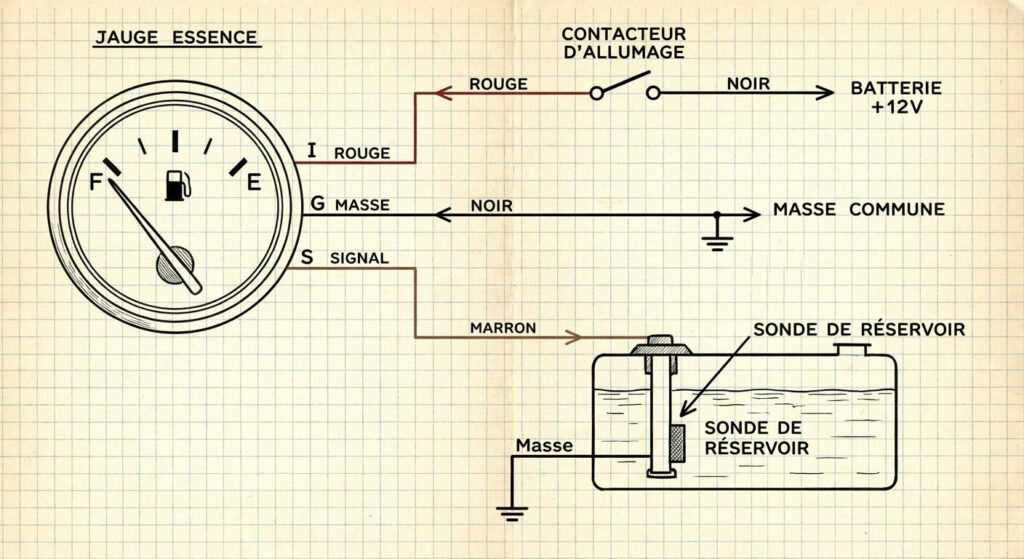 Branchement et schéma électrique d'une jauge à carburant bateau : le guide complet 2 Schéma explicatif du câblage d'une jauge à essence de bateau avec les bornes S, G, I et le raccordement à la sonde de réservoir.