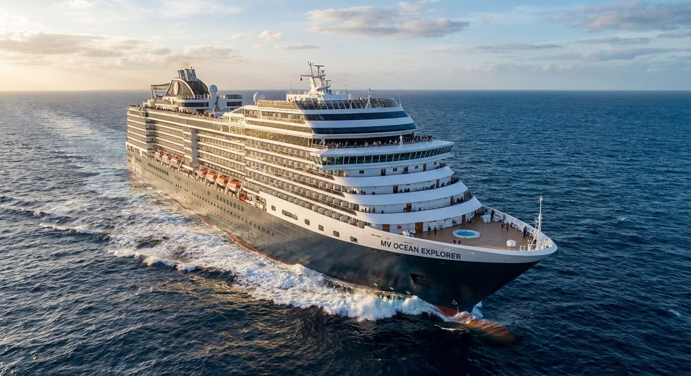 Paquebot de croisière naviguant à pleine vitesse en haute mer, laissant un large sillage d'écume.