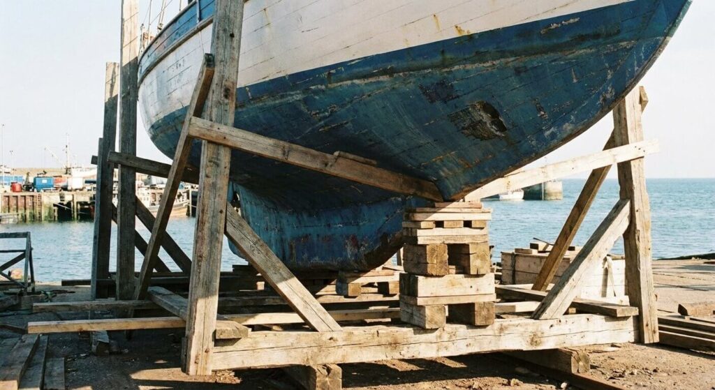 Voilier posé sur un ber de stockage fabriqué maison en bois, avec étais latéraux et calage sous la quille.