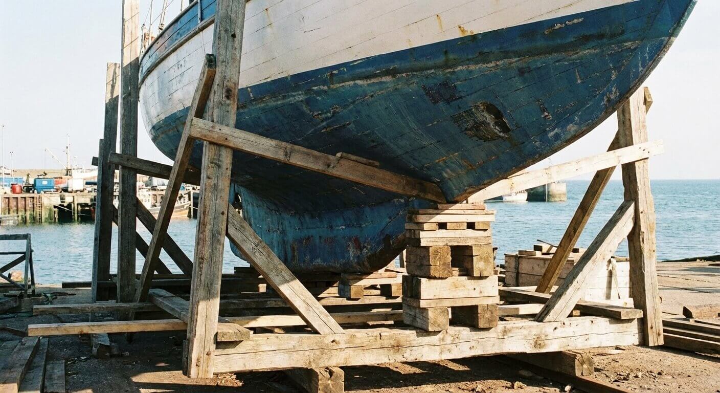 Voilier posé sur un ber de stockage fabriqué maison en bois, avec étais latéraux et calage sous la quille.